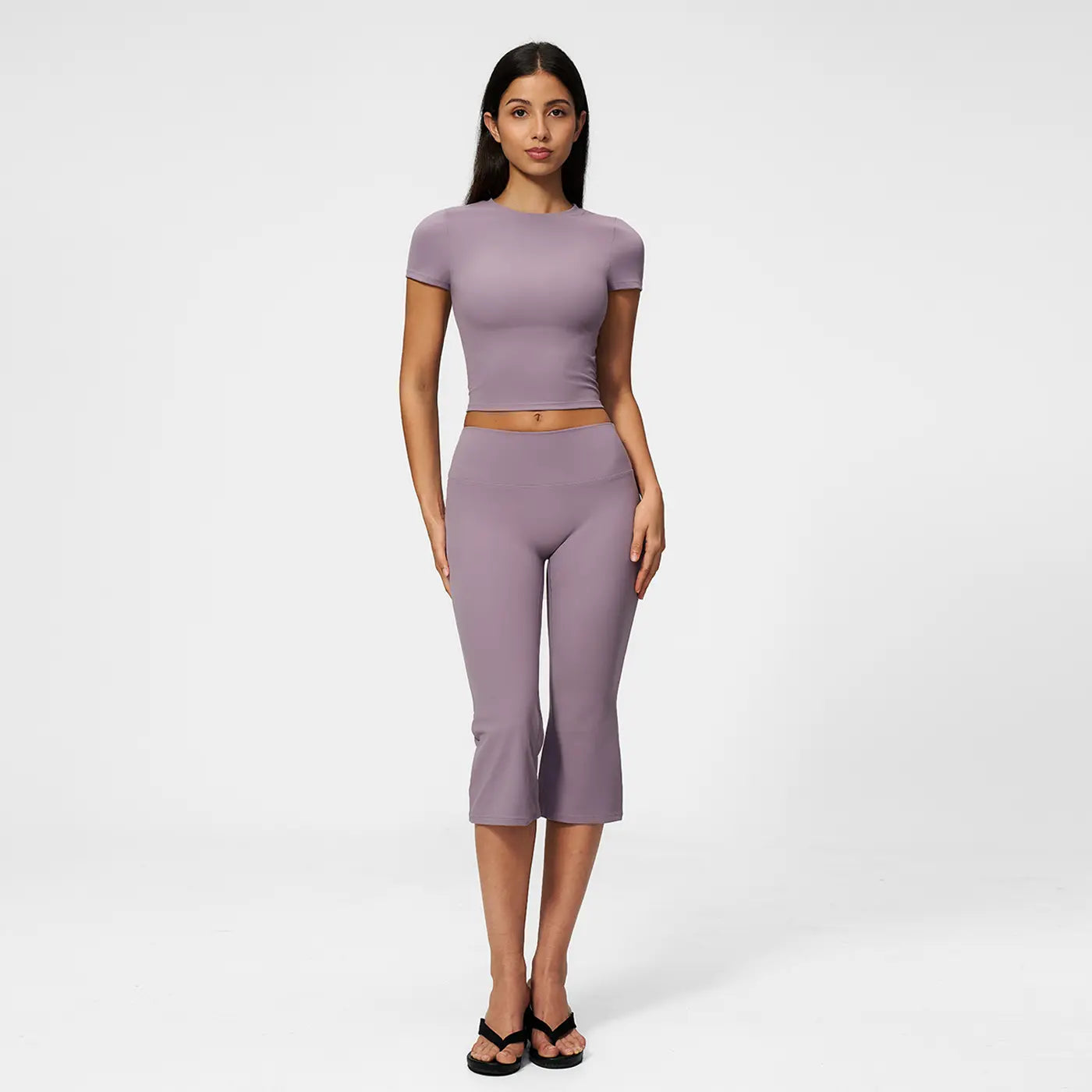 MFVIM Women’S round Neck Slim Fit Short Sleeve Yoga Set – Cropped Trim Top, High Waist 7/8 Slightly Flared Shorts, Tight Athletic Two-Piece Set