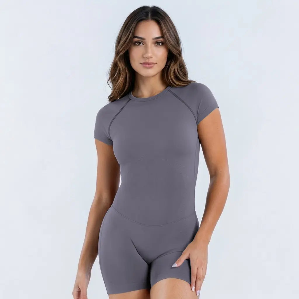 [SIZE up 1] DENFY Impact Short Sleeve One Piece Women Soft Padded Bralette Tummy Control Butt Lifting Gym Workout Yoga One Piece Activewear [STRONG COMPRESSED]