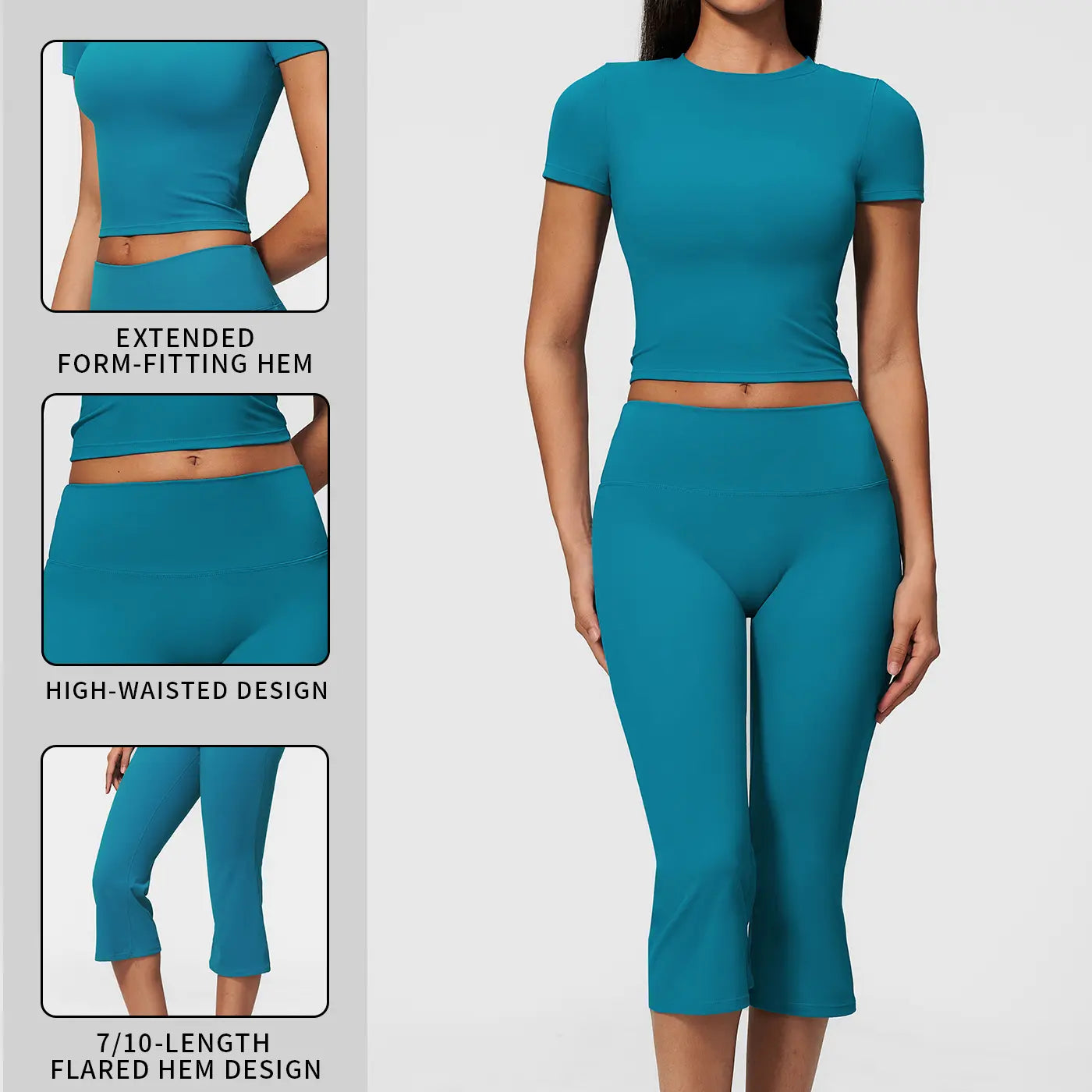 MFVIM Women’S round Neck Slim Fit Short Sleeve Yoga Set – Cropped Trim Top, High Waist 7/8 Slightly Flared Shorts, Tight Athletic Two-Piece Set