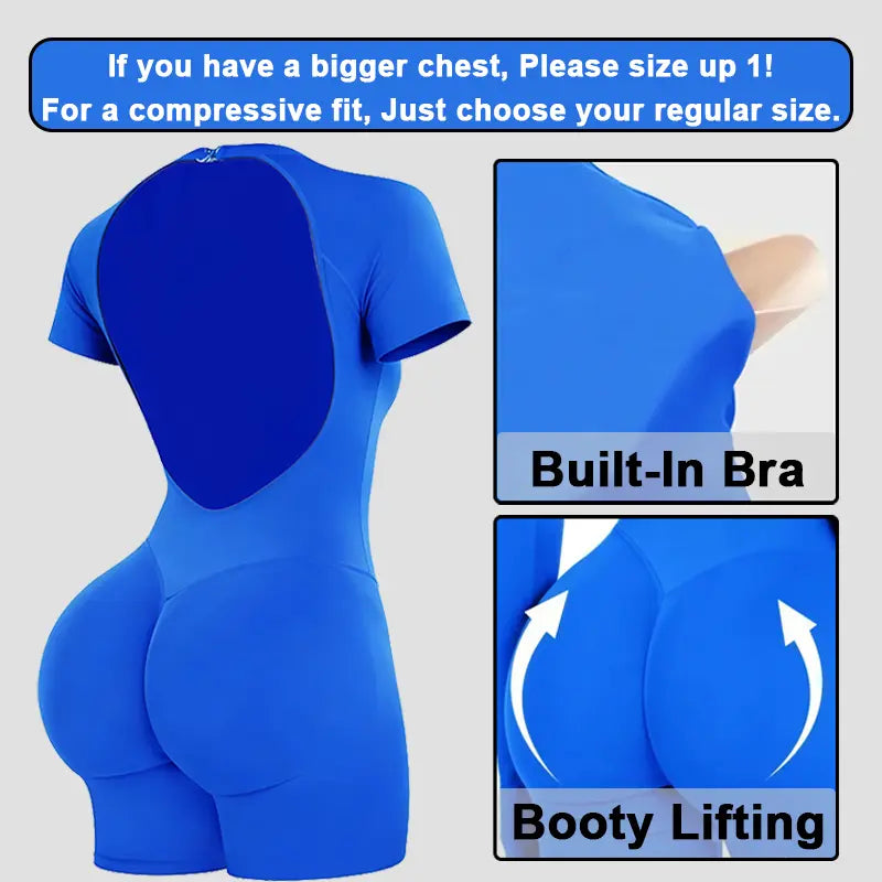 [SIZE up 1] DENFY Impact Short Sleeve One Piece Women Soft Padded Bralette Tummy Control Butt Lifting Gym Workout Yoga One Piece Activewear [STRONG COMPRESSED]