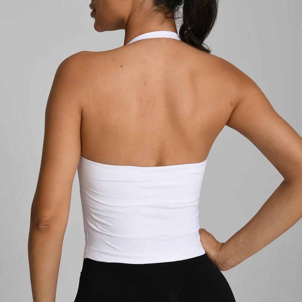 OUFALI Halter Gym Top Longline Workout Tank with Built-In Bra for Women