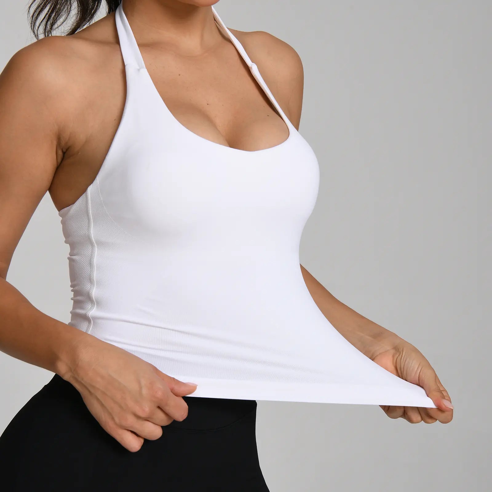 OUFALI Halter Gym Top Longline Workout Tank with Built-In Bra for Women