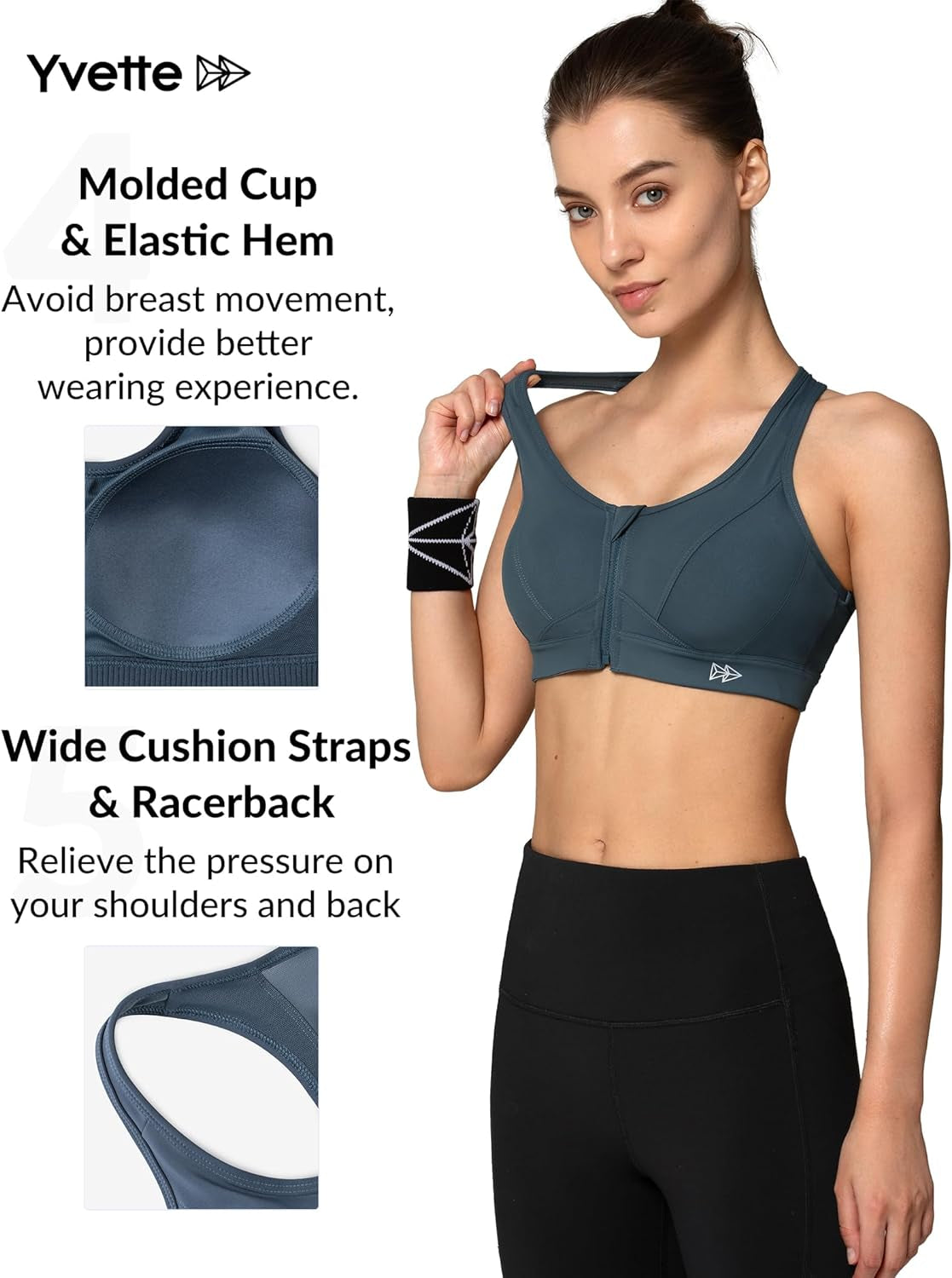 Zip Front High Impact Sports Bra for Large Bust | Secure Locking Zipper,Fixed Non-Slip Pads,Breathable,Wireless Comfort,Running Bra plus Size Friendly,Gym Workout,Fitness