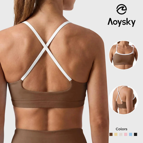 Aoysky Women's Wireless Padded Spaghetti Strap Scoop Neck Cross Back Workout Bra - 3/4 Coverage Athleisure Crop Top for Yoga and Running; Please Refer to Size Chart