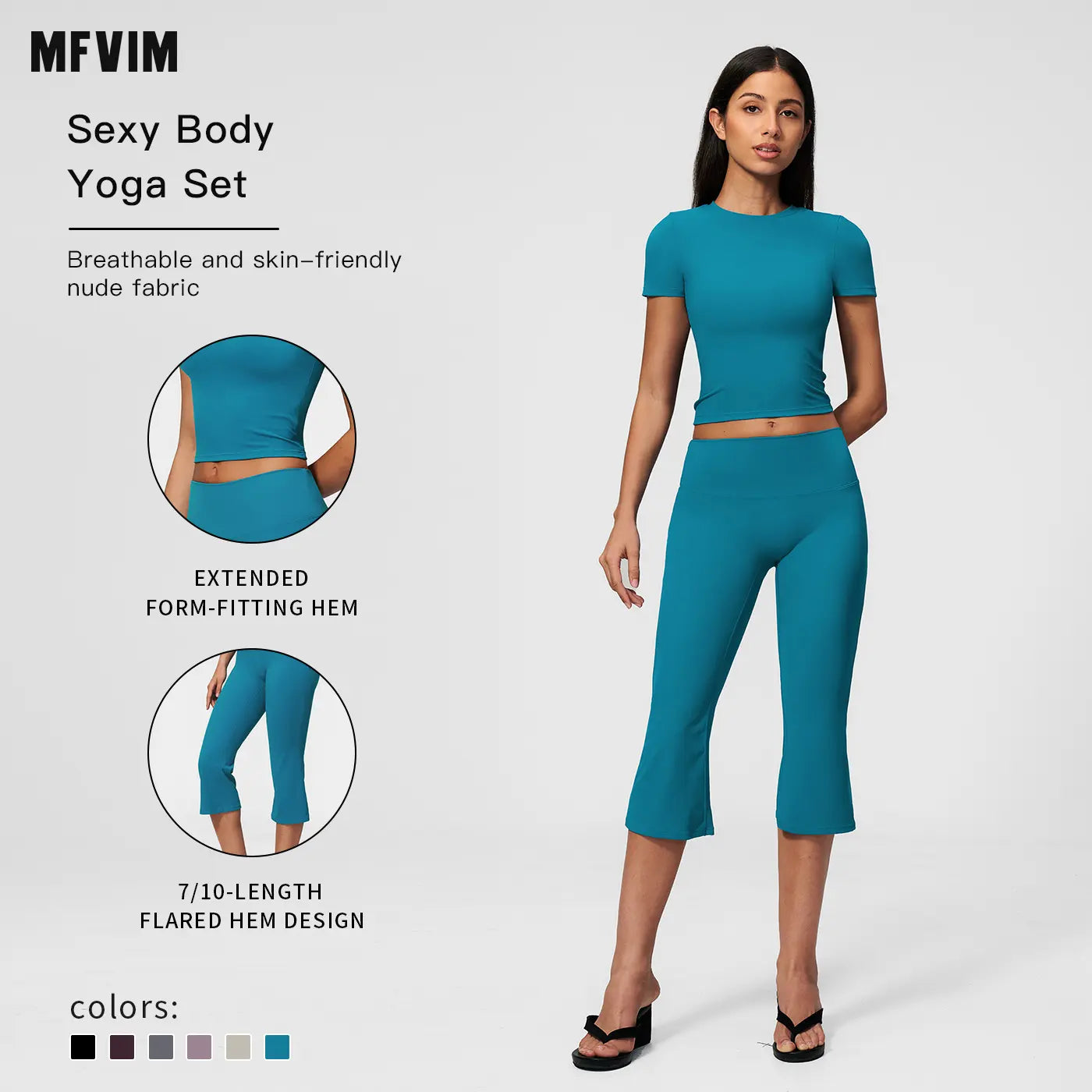 MFVIM Women’S round Neck Slim Fit Short Sleeve Yoga Set – Cropped Trim Top, High Waist 7/8 Slightly Flared Shorts, Tight Athletic Two-Piece Set
