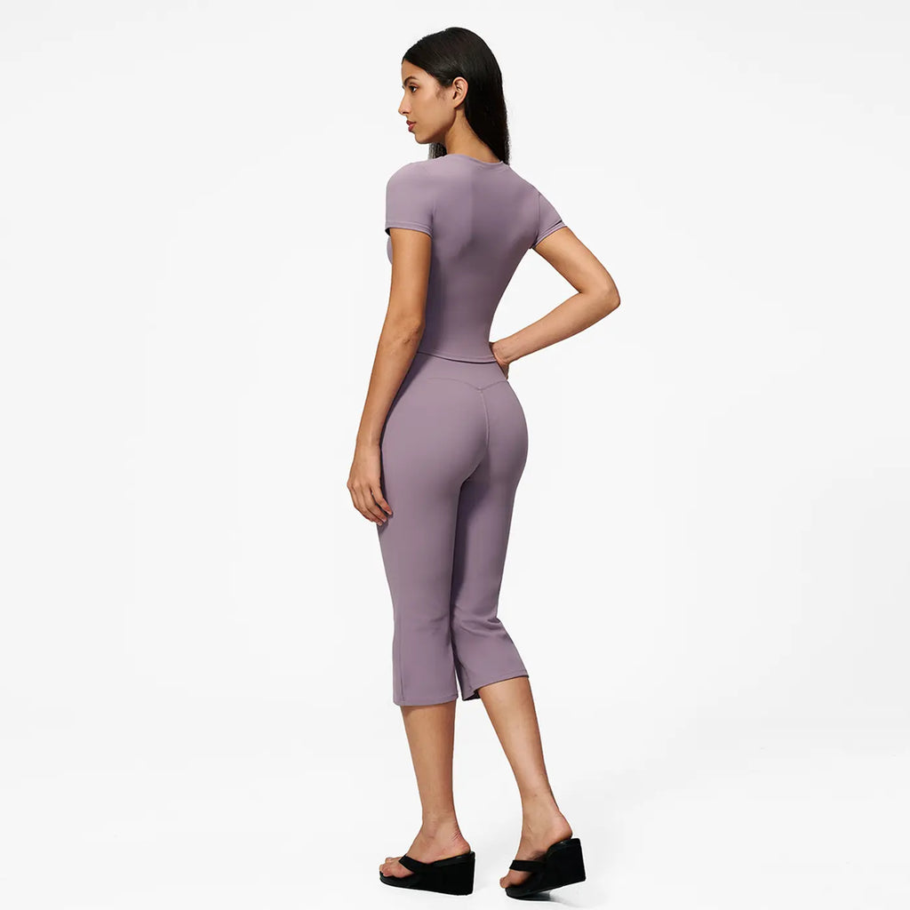MFVIM Women’S round Neck Slim Fit Short Sleeve Yoga Set – Cropped Trim Top, High Waist 7/8 Slightly Flared Shorts, Tight Athletic Two-Piece Set